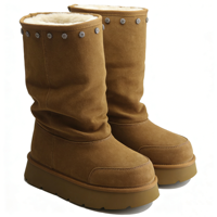 Vente en gros OEM/ODM Bottes d'hiver classiques en cuir pour femmes Chaussures hautes jusqu'au genou Chaudes Fourrure Cuir de vache Peau de mouton Vente directe d'usine