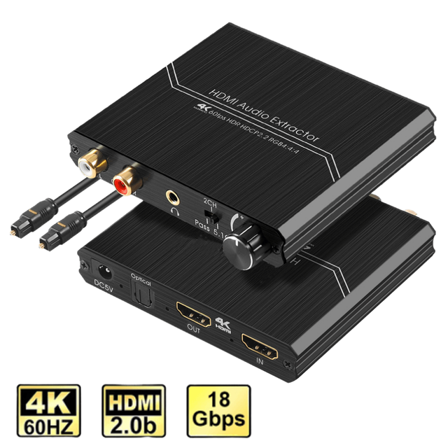 4K 60Hz HDMI 2.0 Audio Extractor Optical TOSLINK SPDIF 5.1CH R/L Output Volume Control Knob 4K HDR HDMI Audio Extractor HDCP 2.2