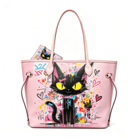 Sac fourre-tout rose à imprimé graffiti chat noir, sac à main pour femme avec mini pochette, grande capacité, vente en gros d'usine, personnalisable