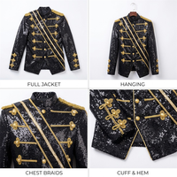 Veste noire à sequins pour homme, costume de scène, manteau formel à tresses dorées, blazer orné à col montant pour performance et soirée