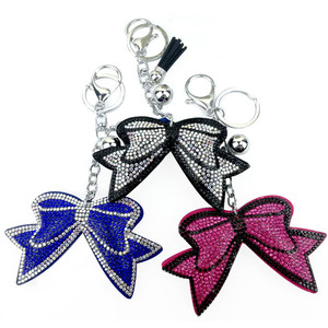 2025 New Trendy Flannel Crystal Rhinestone Bow Key Chains Bow Tassel Keyring Bag Accessories Cheer Bow Keychain for Girls