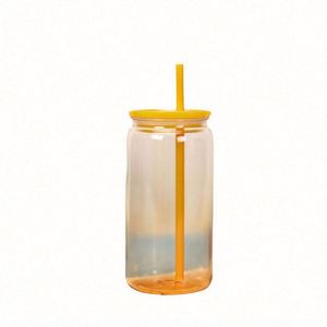 AGH Gobelet en verre transparent de 16 oz, écologique, avec couvercle et paille en plastique colorés à rayures, Mug de sublimation de haute qualité pour le camping - Product Image 1