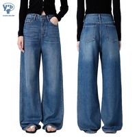 Pantalon en jean YUANBOFEI pour femme, respirant, style Y2K, bleu moyen, taille haute, coupe large, longueur au sol, minimaliste