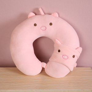 Oreiller de voyage en forme de U en peluche avec motif animal de dessin animé, masque pour les yeux et support de nuque, en coton PP, emballage personnalisé, vente en gros - Product Image 1