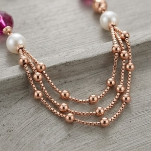 Collier Mala italien en argent 925, finition or rose, cristal rose, perle, bijoux multicouches de créateur pour femmes - Product Image 3