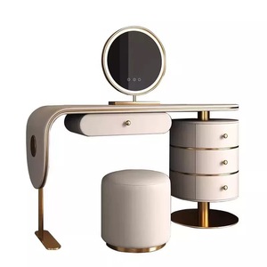 HaoYU-Tocador de maquillaje de tocador de acero inoxidable con espejo LED y taburete, diseño de tocador de dormitorio - Product Image 1