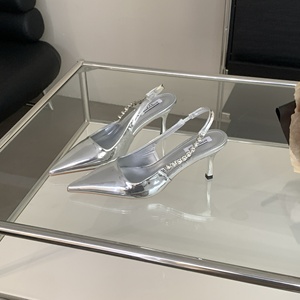 Shiny Silver Women's Pumps-Thin Heel Slingback Stiletto Sandals with Flat Feature and Metallic Crystal for Party Dress <b>Shoes</b> - Product Image 5
