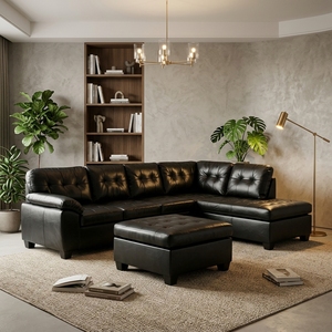 Modern L-Shaped Extendable Convertible Air Leather Sectional <b>Sofa</b> Set with Tufted Design and Storage Ottoman - Product Image 2