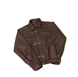 Men's <strong>Brown</strong> Faux <strong>Leather</strong> <strong>Jacket</strong> with Metal Buckle Closure Oversized Streetwear Vintage Style Bomber Coat - Product Image 2