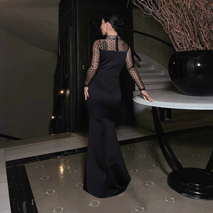 European and American Beaded Net Silk <b>Long</b>-Sleeved Patched Waist Opening <b>Skirt</b> Women's Fitted Evening Dress - Product Image 5