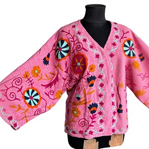 <b>Pink</b> Boho Floral Embroidered Handcrafted Cotton Jacket Cape <b>Shrug</b> Summer Spring Breathable V-neck Flare Sleeve Thin - Product Image 3