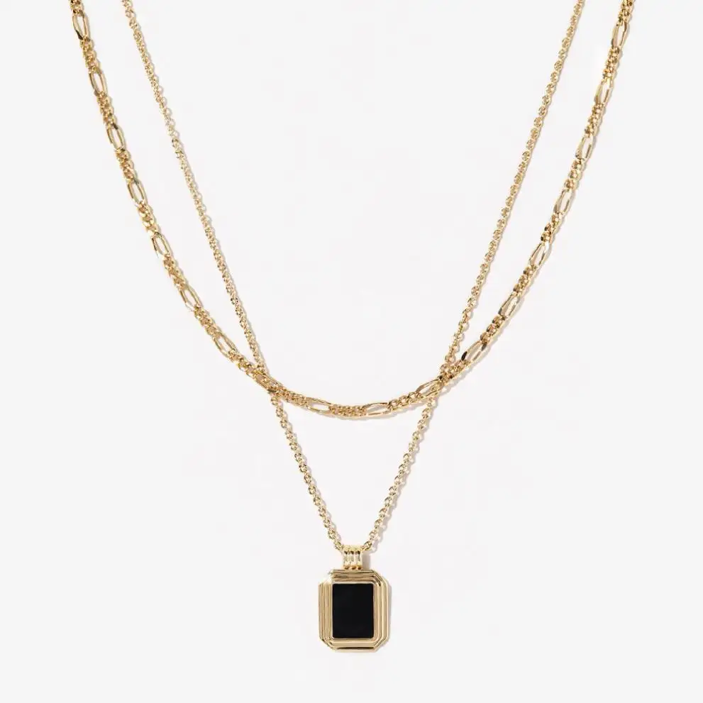 14K Gold Delicate Statement Gemstone Two Gold Chains And Glossy Black Onyx Gem Longer Layered Pendant Necklace Set
