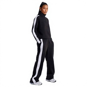 <b>Women's</b> Black <b>White</b> Stripe Tracksuit Set Full Sleeve Fleece Sporty Loose Fit 2 Piece All Seasons <b>Joggers</b> Sweatshirt - Product Image 1