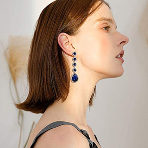 Orecchini lunghi rotondi vintage con zirconi blu royal per donna, eleganti gioielli da festa alla moda - Product Image 3