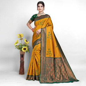 Sari en soie pour femme, bordure vert moutarde, tenue ethnique traditionnelle pour mariages et occasions festives, style Inde Pakistan, toutes saisons - Product Image 1