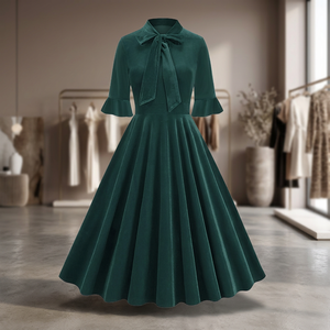 Vestidos Midi de Terciopelo Vintage Retro para Mujer, Cintura Imperio, Mangas con Volantes, Diseño Liso Teñido, Elegantes para Fiesta de Otoño, con Lazo Delantero - Product Image 2