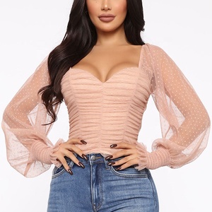 <span class=keywords><strong>Blusa</strong></span> de gasa de encaje transpirable para mujer, camisa de <span class=keywords><strong>manga</strong></span> larga <span class=keywords><strong>con</strong></span> estampado de lunares personalizados, cruzado en el pecho, ombligo desnudo, fruncido - Product Image 1
