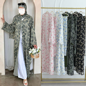 Sommer Ramadan Chiffon Dezente Abaya Damen Muslimisches Kleid Zweiteiliges Set Vorne Offener Bedruckter Kimono Abaya Mit Passendem Hijab Schal - Product Image 2