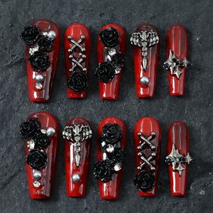 Precio de fábrica al por mayor, diseño rojo, uñas postizas hechas a mano, 10 unidades, uñas acrílicas tipo ataúd, uñas 3D personalizadas, uñas artificiales. - Product Image 2