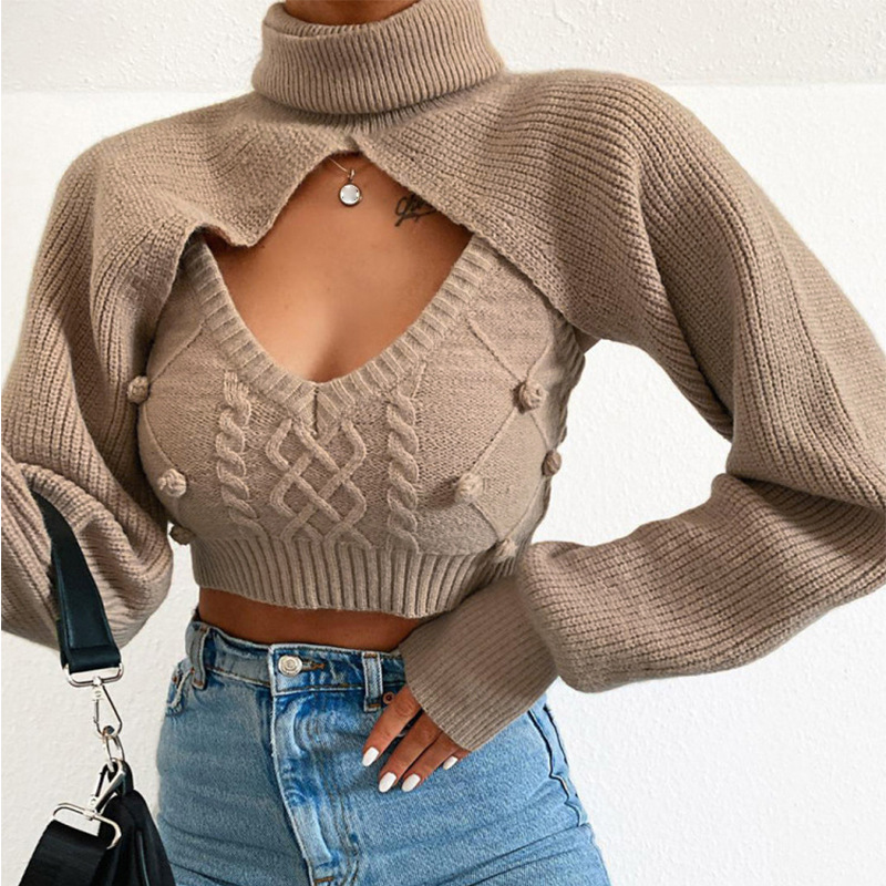 R11812S Women's Best Selling Camel Turtleneck Short 2021 Fall New European and American Sexy Hollow Nightclub Sweater