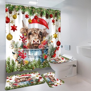 Rideau de douche en polyester rouge motif chapeau de Père Noël, impression numérique personnalisée, imperméable pour salle de bain, lot de 2 - Product Image 1