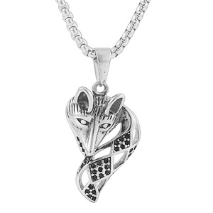 Fox Pendant Stainless Steel <b>Silver</b> Geometric Animal Design Pave Setting <b>Chain</b> Necklace For Men Women - Product Image 5
