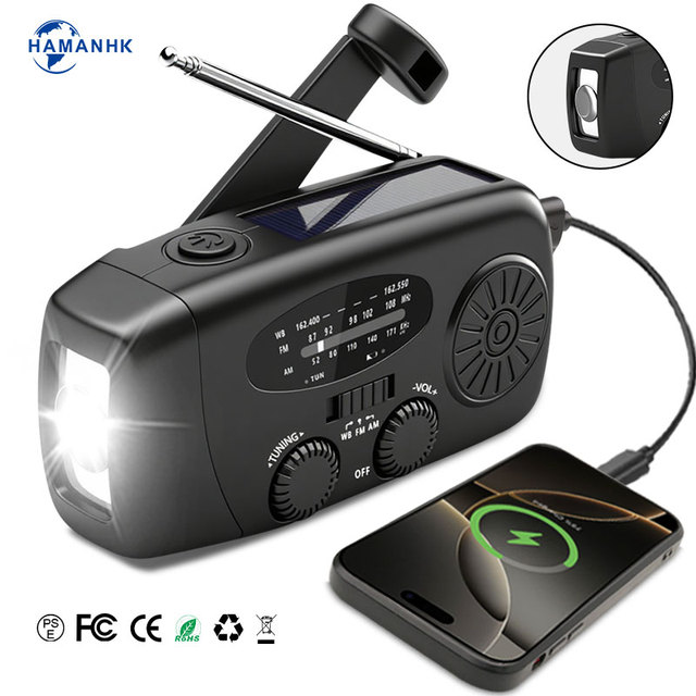 Solar Hand Crank Emergency AM/FM Radio with SOS Flashlight Portable Power Bank & USB Charging for Survival Outdoor
