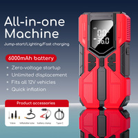 Démarreur de voiture rouge 4-en-1 avec compresseur d'air 600-1200A 6000mAh, gonfleur de pneus sans fil USB Type-C LED SOS pour 195/65 R15