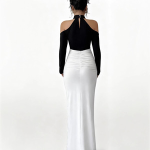 Abito <span class=keywords><strong>lungo</strong></span> da donna sexy nero e <span class=keywords><strong>bianco</strong></span> <span class=keywords><strong>con</strong></span> blocchi di colore, spalle scoperte, maniche lunghe, arricciature, modello aderente e <span class=keywords><strong>spacco</strong></span> alto, ideale per feste, gala e matrimoni - Product Image 2