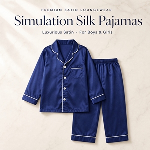 Kunstseide Kinder-Satin-Pyjama mit Knopfleiste und Reverskragen, Weiche Atmungsaktive Schlafanzüge, Hauskleidung für Jungen und Mädchen - Product Image 5