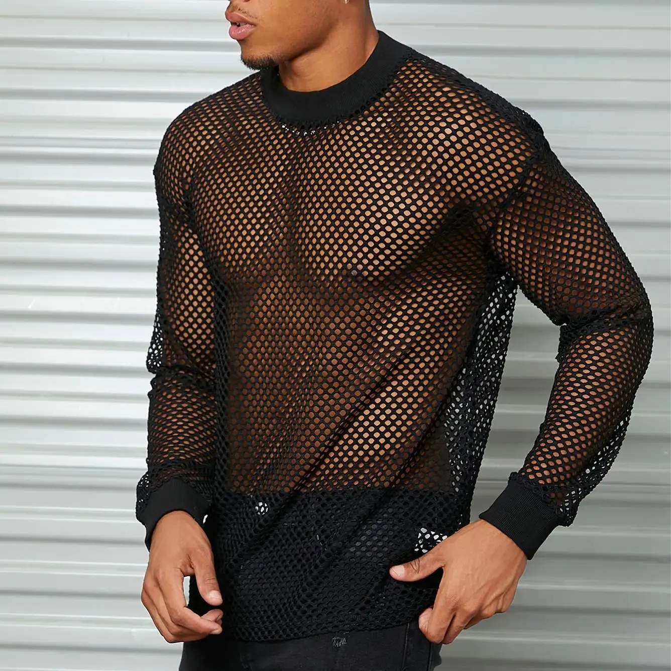 Street Party Nightclub Sexy Costume Transparent Mesh Round Neck Short Sleeves Breathable Mens Long T-shirts