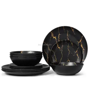 Premium hotel high grade dinnerware gold black, heavy weight 12pcs set royal melamine dinner set