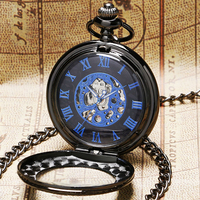 Reloj de Bolsillo Mecánico Manual Único con Cubierta Transparente Negra, Reloj Esqueleto de Cuerda Manual con Cadena para Regalo del Día del Padre
