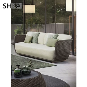 Set <span class=keywords><strong>da</strong></span> Esterno Moderno Shezi in Rattan Intrecciato con Cuscini Impermeabili, <span class=keywords><strong>Mobili</strong></span> Spostabili per Cortile, Balcone, Parco, Hotel di Lusso e Villa - Product Image 4