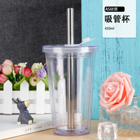 Mug à café ODM sans BPA de 450 ml, avec logo personnalisé, double paroi, en plastique transparent réutilisable, avec paille et couvercle, pour boissons chaudes ou froides (thé, jus, eau)