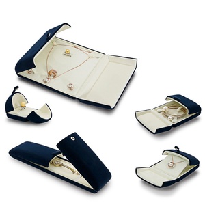 Luxury Double Doors Velvet Jewelry Box Dark Blue Dual Size Open Jewelry Velvet Box with Snap Jewelry Packaging Box with logo - Product Image 2