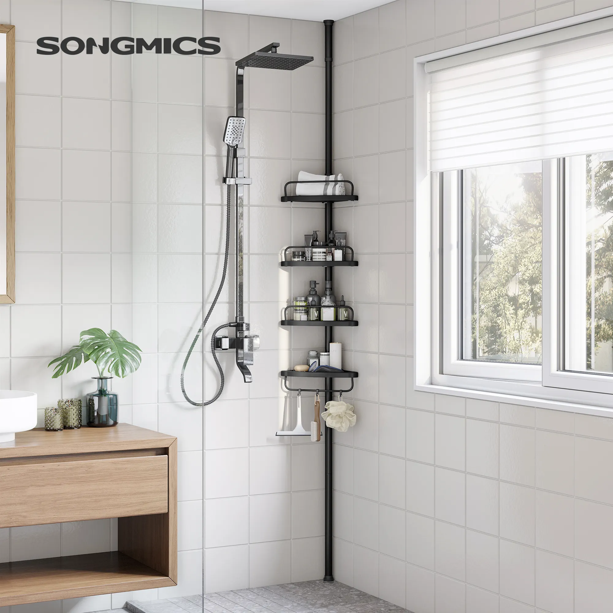 SONGMICS 4 Tabletts Teleskop dusche Caddy Boden bis zur Decke Verstellbares Badezimmer Eck regal