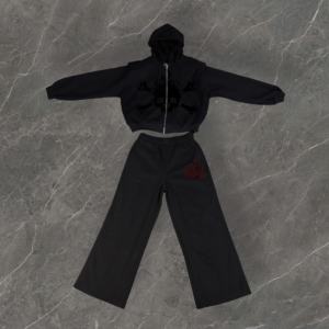 Ensemble survêtement personnalisé en gros pour homme, sweat-shirt à capuche zippé ample et pantalon de survêtement évasé en coton uni - Product Image 3