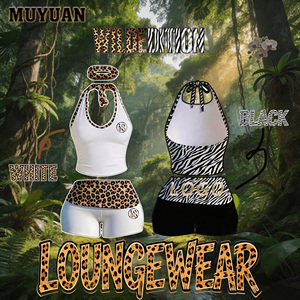 Ensemble deux pièces pour <span class=keywords><strong>femme</strong></span> avec haut licou imprimé léopard et short à revers, avec bandeau – <span class=keywords><strong>Tenue</strong></span> de club d'été 2026 en coton et élasthanne - Product Image 1
