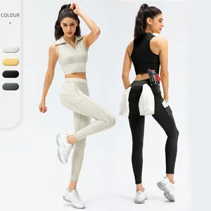 Lapel Tank Top wanita tanpa lengan, atasan Crop elastis dan tali saku menara Loop pinggul mengangkat legging Fitness Yoga Set