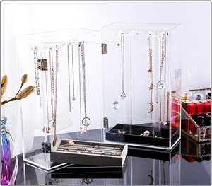 حامل قلادات أكريليك منظم للمجوهرات بـ <span class=keywords><strong>24</strong></span> خطافًا قابل للدوران حامل عرض صديق للبيئة قابل للطي لتخزين القلادات الشفافة - Product Image 1