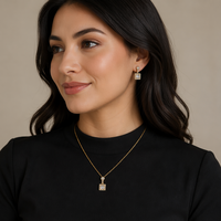 Ensemble collier et boucles d'oreilles classiques avec pendentif en zircon taille princesse |   Bijoux en cuivre 2 pièces