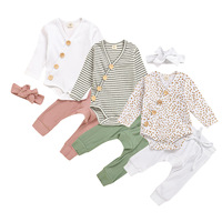 Bán Buôn Quần Áo Trẻ Sơ Sinh Dài Tay Romper Quần Headband Dệt Kim Cotton Bé Gái 3 Cái Bộ Quần Áo