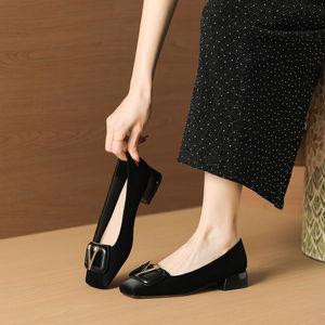 Zapatos Planos de Satén para Mujer, con Punta Cuadrada, Sin Cordones, Tacón Bajo, Cómodos, para Todas las Temporadas, Negros, Decorados con Hebilla - Product Image 1