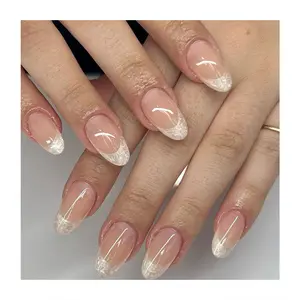 High Quality Natural French Tips Press On Nails Almond Long Lasting Fake Nails Wholesale In Stock 24Pcs Artificial Nails