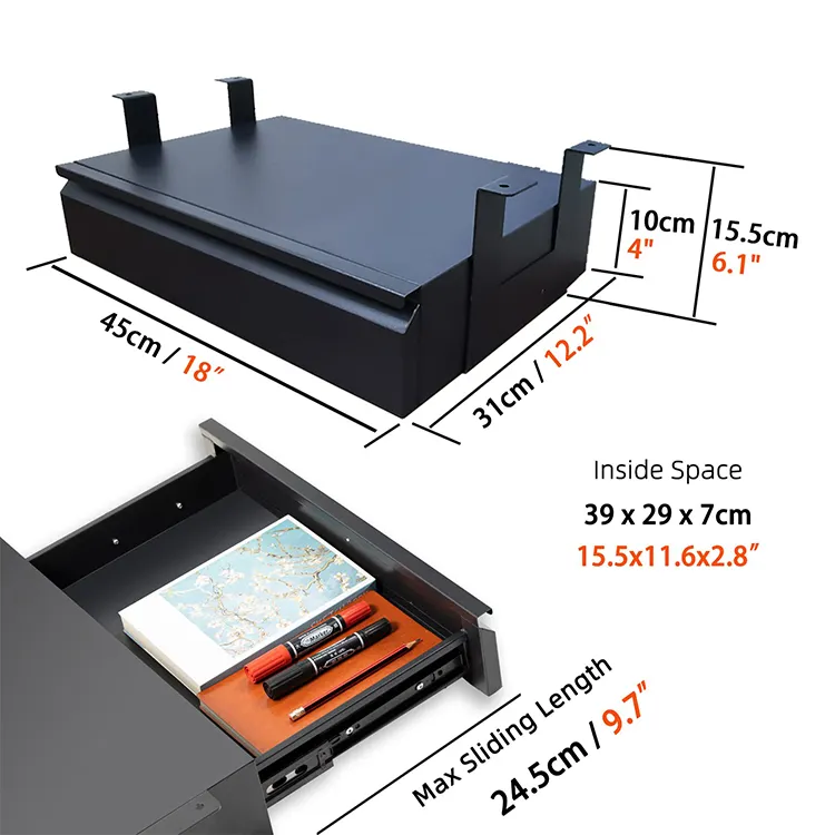 Jh-mk छिपे हुए डेस्कटॉप आयोजक कार्यालय डेस्क दराज के नीचे मूक स्टेनलेस स्टील स्लाइड के साथ भंडारण दराज की आपूर्ति करता है
