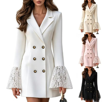 5670 #    Robe mini blazer élégante pour femme, double boutonnage, col cranté, manches longues évasées en dentelle, pour le bureau ou les soirées