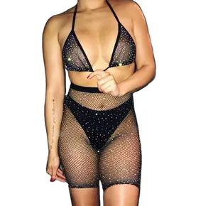 Yeni seksi kadınlar Rhinestone Bikini seti Halter sutyen Fishnet yüksek bel mesh şort Beachwear kız iki parçalı mayo