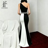 Robe de soirée sirène asymétrique noire et blanche à blocs de couleur, avec taille ornée de strass, en crêpe extensible, idéale pour bal de promo ou mariage