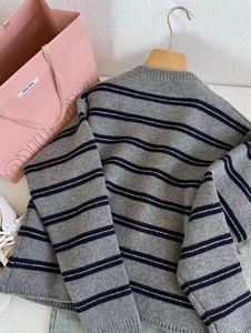 SUHE Women's Korean Gray Striped Wool/Nylon Single Breasted Knit <b>Cardigan</b> <b>Sweater</b> Front Chic Casual Outerwear Autumn Winter - Product Image 5